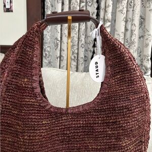 NWT STAUD Large Raffia Moon Tote Espresso Brown Leather Trim
